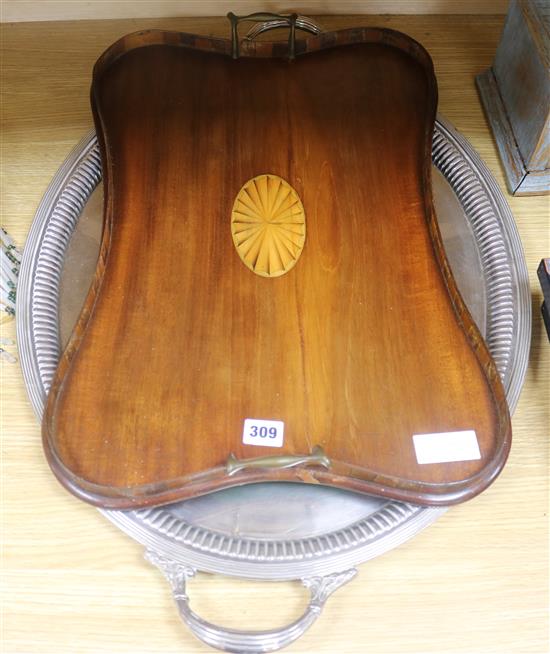 A plated tray and an Edwardian inlaid tray